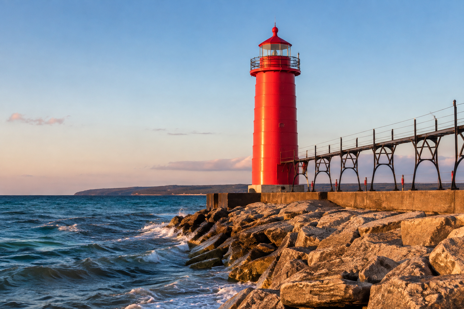 A red lighthouse on the rocky Lake Michigan shoreline