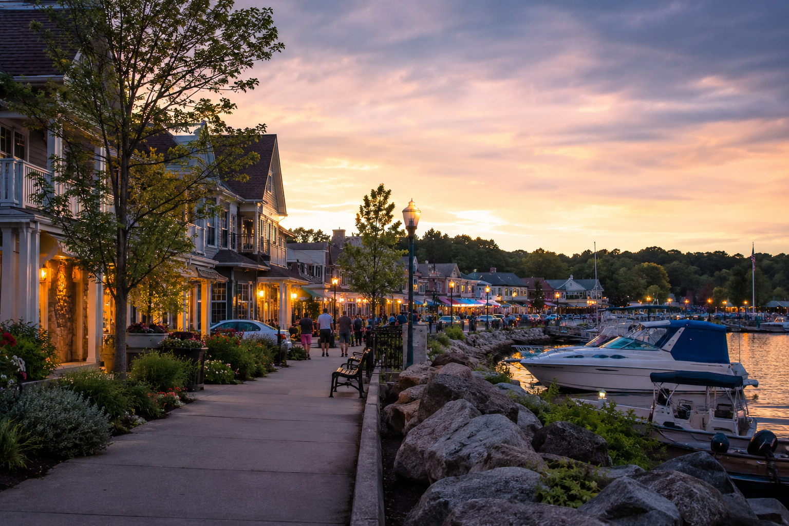 A small harbor town glowing with warm lights at dusk on the Great Lakes