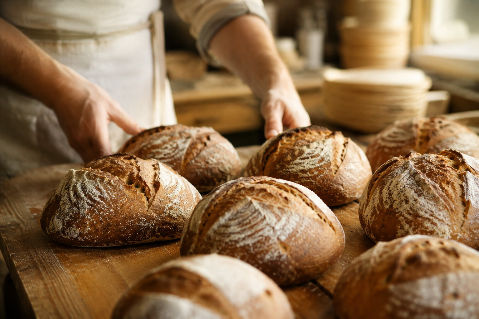 Freshly baked artisanal sourdough loaves with flour-dusted crust on a wooden bakery counter