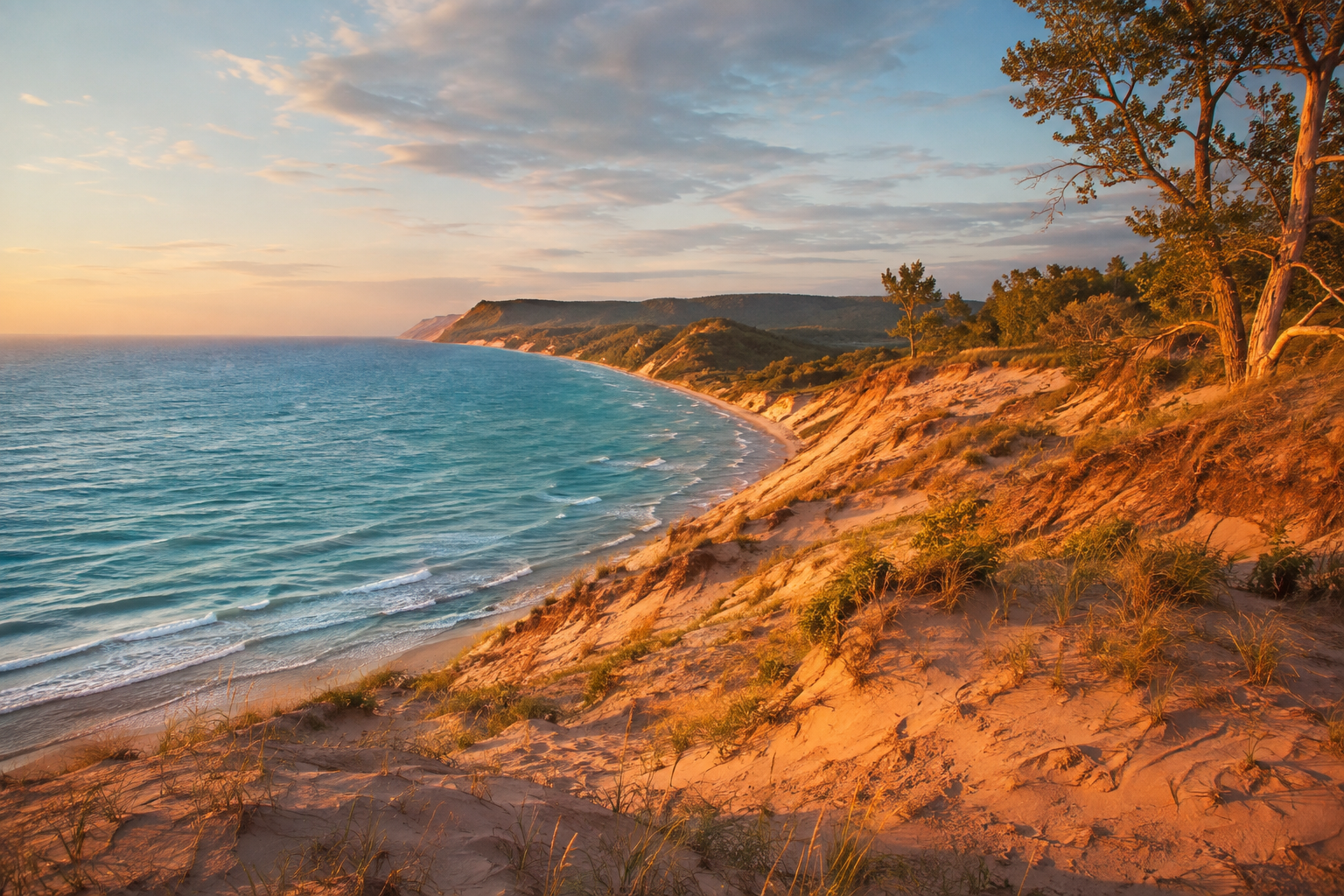 Turquoise Lake Michigan water meeting the sandy bluffs of Sleeping Bear Dunes National Lakeshore