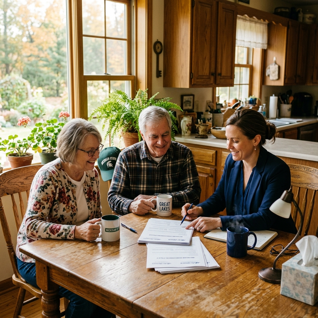 a friendly insurance agent and a Michigan couple reviewing policy papers together at a warm wooden k