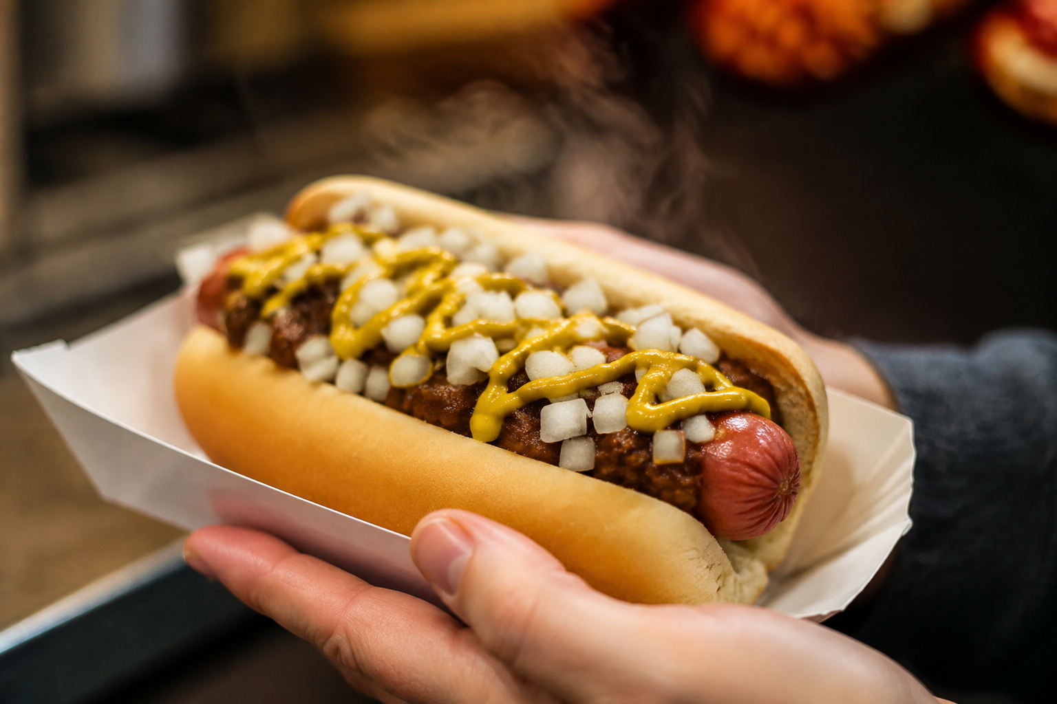 A coney dog topped with beef chili, yellow mustard and diced onions on a paper tray