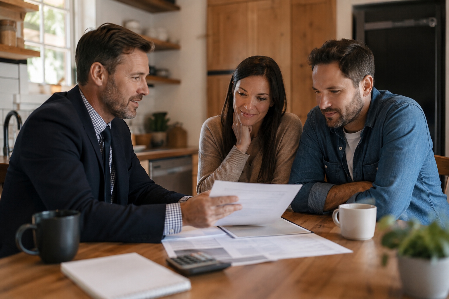 An insurance agent and a couple reviewing policy papers together at a warm kitchen table.