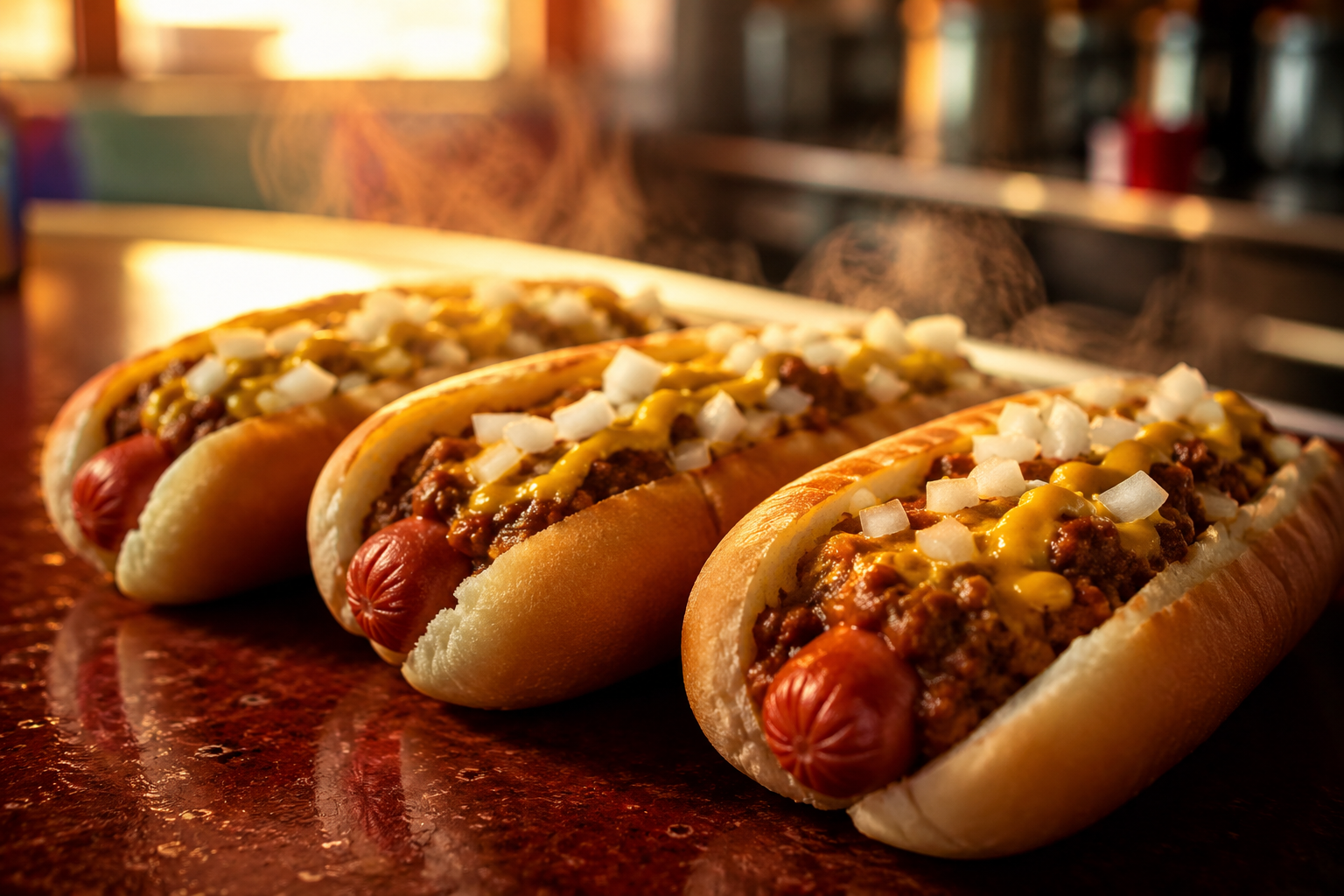 Three coney dogs lined up on a classic diner counter with steam rising