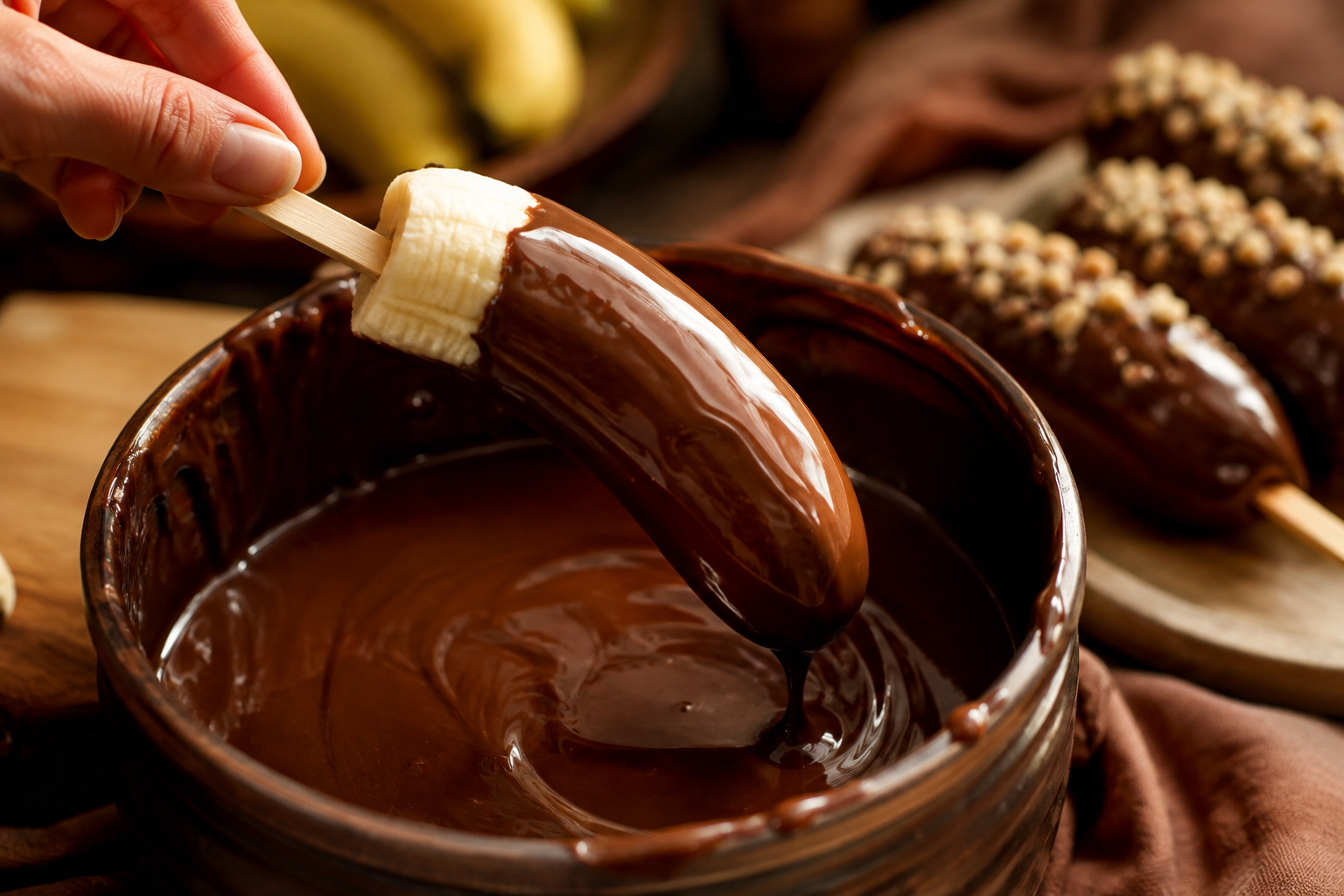 A hand dipping a banana on a stick into a pot of melted dark chocolate