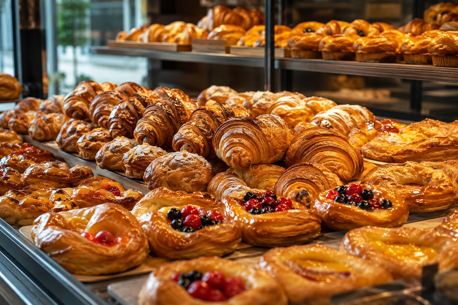 Display case of golden pastries — croissants, danishes, and fruit tarts at an artisan bakery