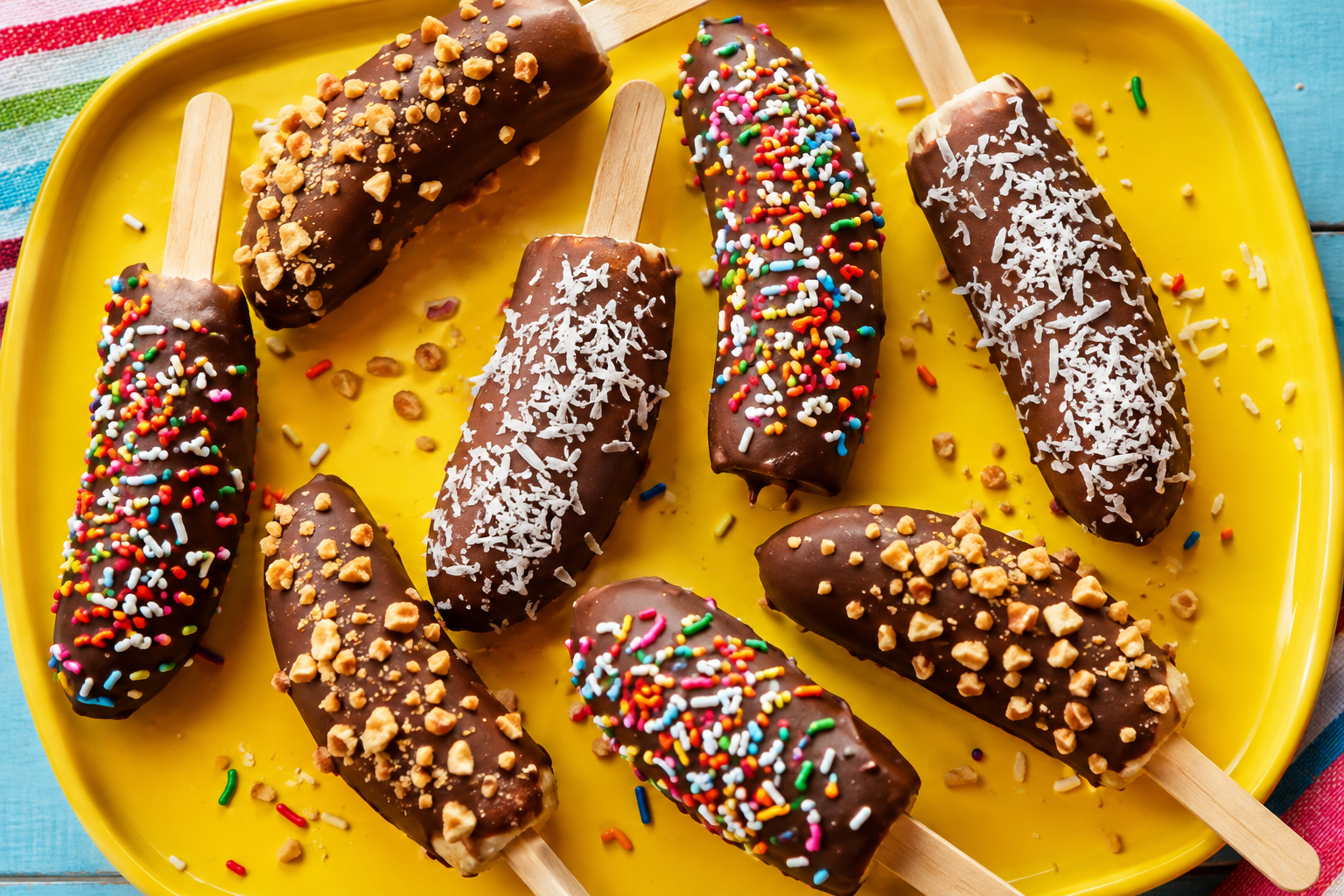 Chocolate-dipped frozen bananas dressed with rainbow sprinkles, crushed peanuts, and coconut on a bright tray