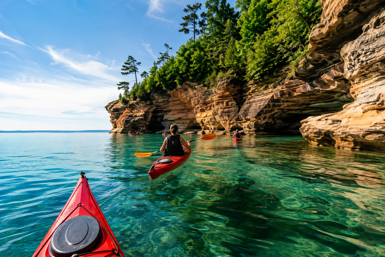 Kayakers paddling on clear water near Great Lakes sandstone cliffs