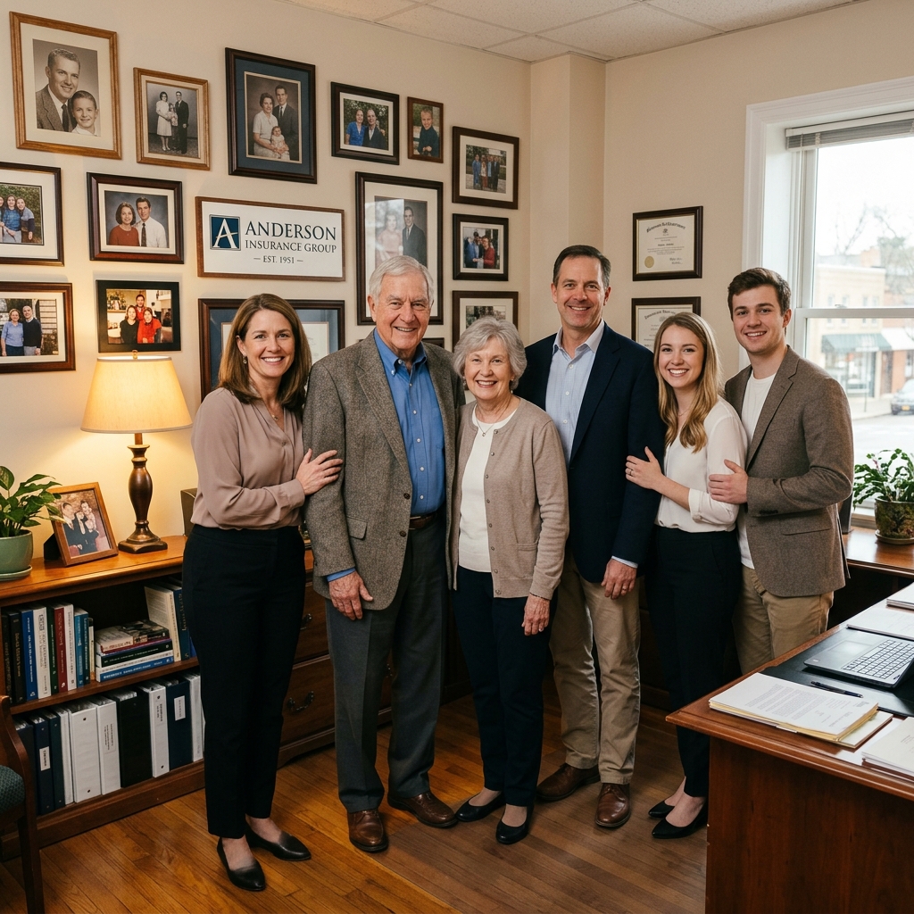the Anderson Insurance Group team of three generations standing together smiling in their cozy Ann A