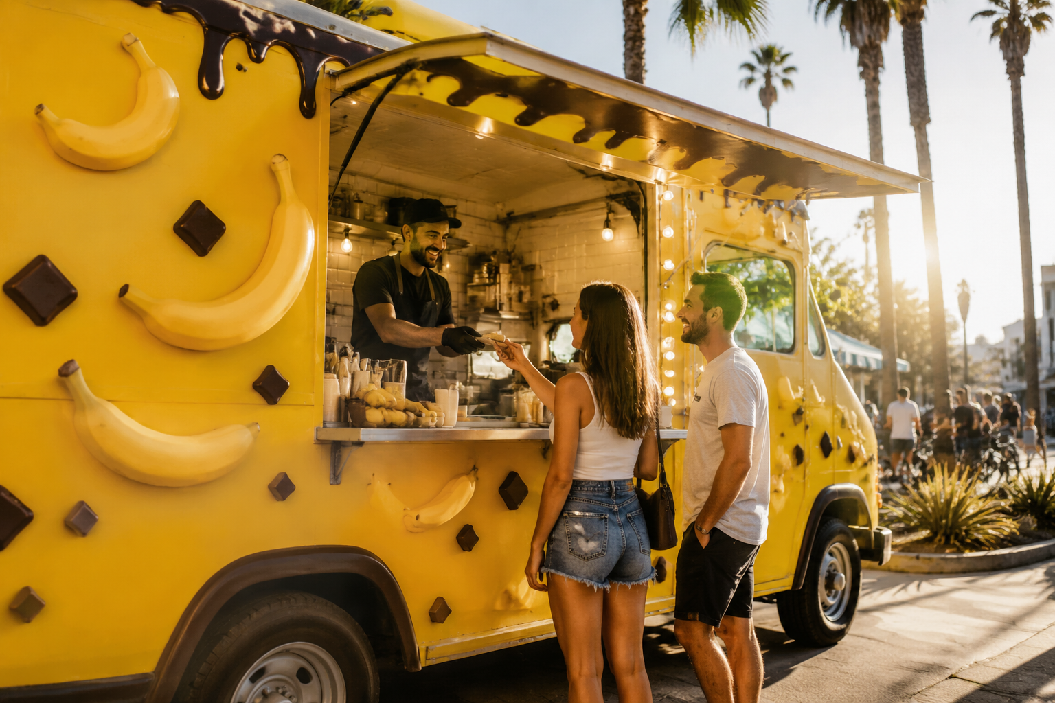 The bright yellow Chilly Banana food truck with a banana and chocolate design parked on a sunny street