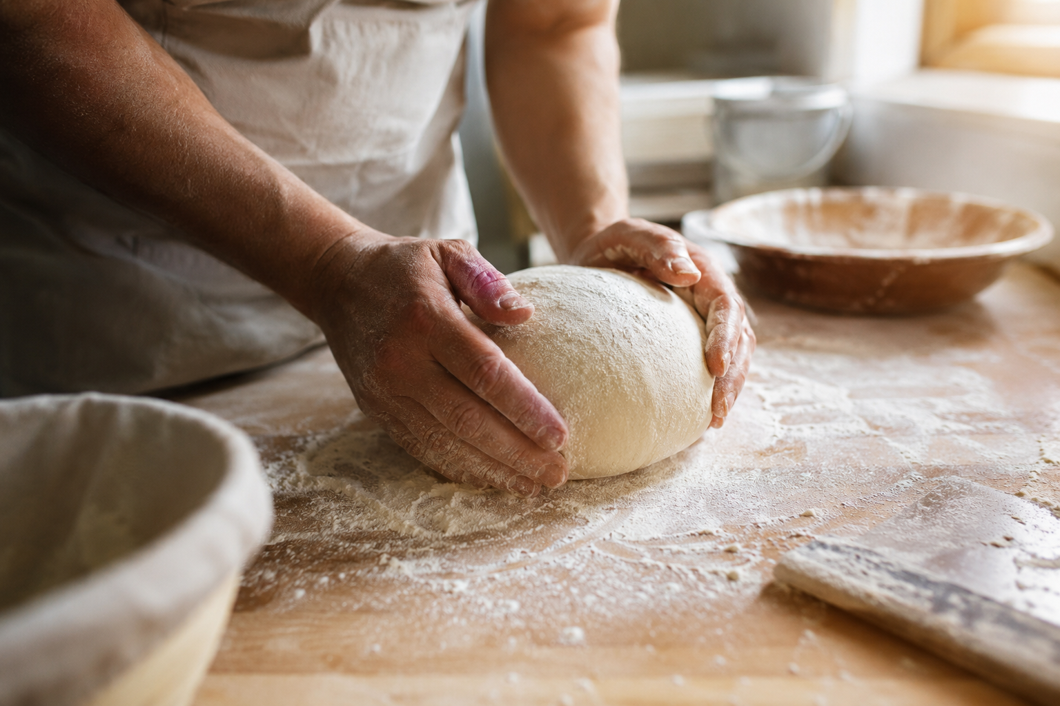 Hands shaping a sourdough loaf, dusted with flour, on a worn wooden bench