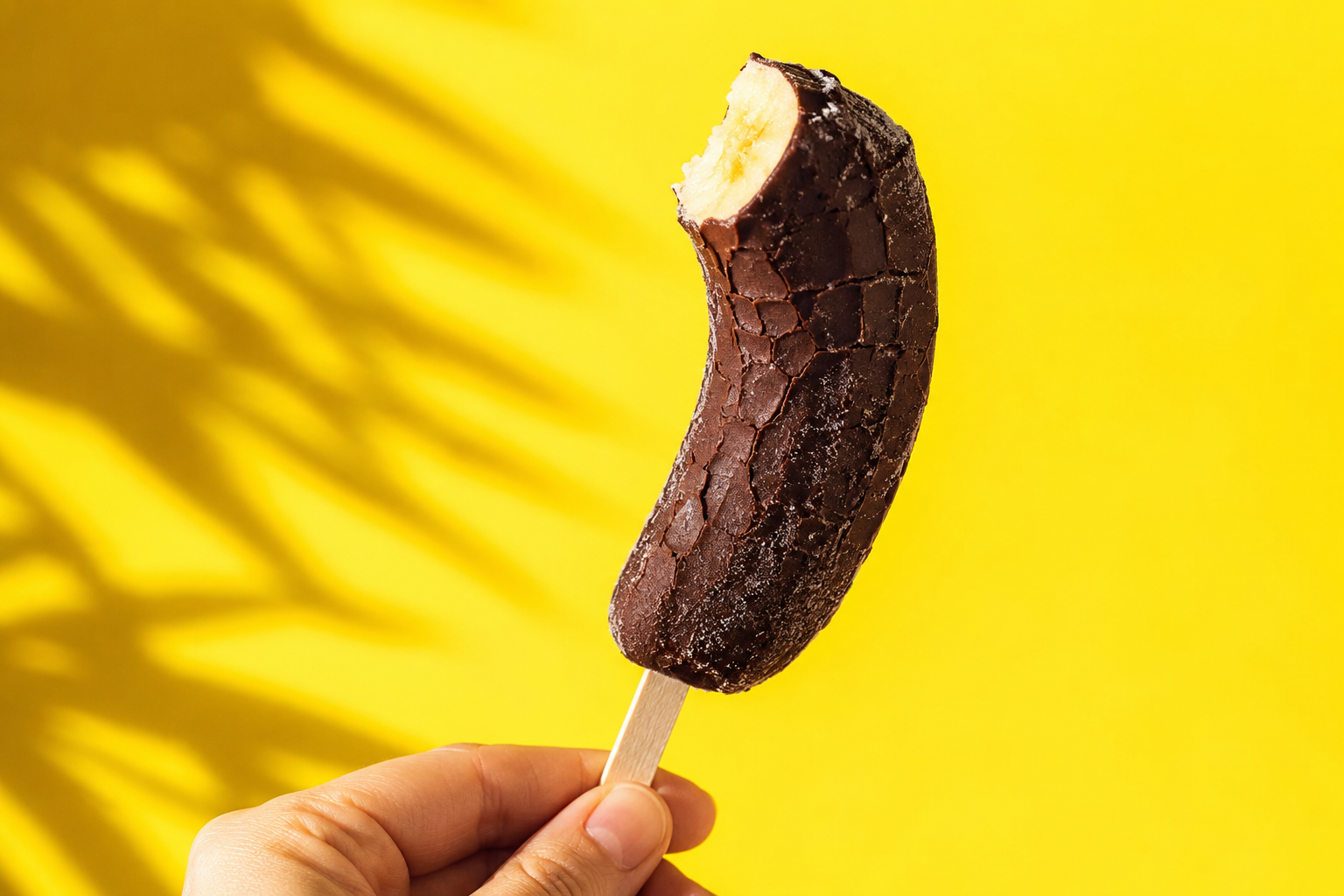 A frozen banana on a wooden stick with a thick crackled chocolate shell