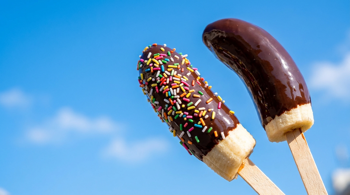 frozen bananas on sticks dipped in glossy chocolate, one with rainbow sprinkles, held up against a b
